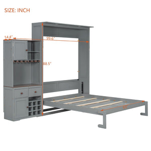 English Elm Queen Murphy Bed with Wine Rack Glass Holder Led Lighting and Cabinet White Gray LP000391AAE