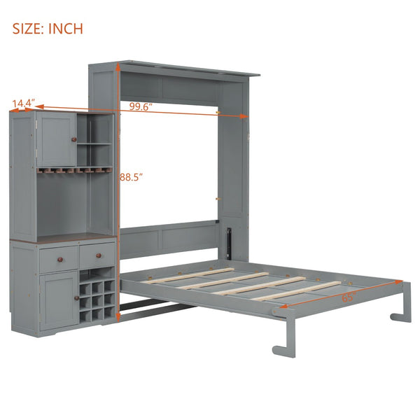 English Elm Queen Murphy Bed with Wine Rack Glass Holder Led Lighting and Cabinet White Gray LP000391AAE