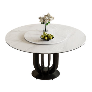 English Elm 59" Round Sintered Stone Dining Table With Lazy Susan & Black Steel Base - Ideal For Modern Spaces W2699S00036