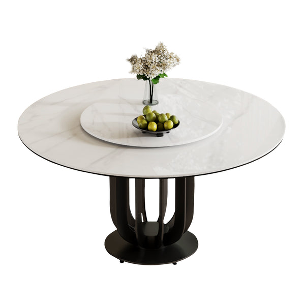 English Elm 59" Round Sintered Stone Dining Table With Lazy Susan & Black Steel Base - Ideal For Modern Spaces W2699S00036