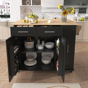 English Elm K&K Kitchen Island with Drop Leaf, Rolling Storage Cart with 3-Tier Pull-Out Organizer, Durable Wood Countertop Black WF531421AAB
