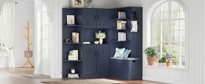 English Elm Multifunctional Modular Hall Tree Cabinet with Open Shelves and Hooks for Entryway Antique Blue W1580S00520