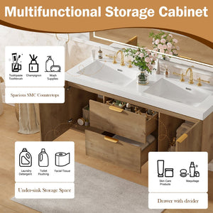 English Elm [video]59.3 Inch Wall Mounted Double Sink Vanity Wood Grain Mdf Soft Close Storage N729P000027N