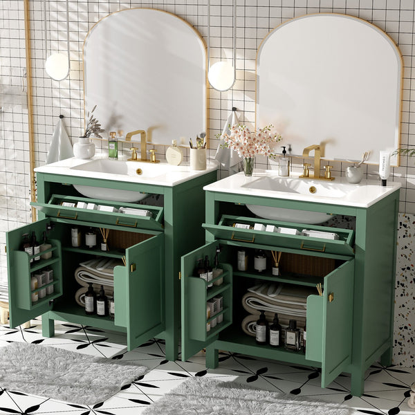 English Elm 60" Modern Bathroom Vanity Set with Double Ceramic Sinks, Soft-Close Doors, Flip Drawer & Storage Green N729P000002F