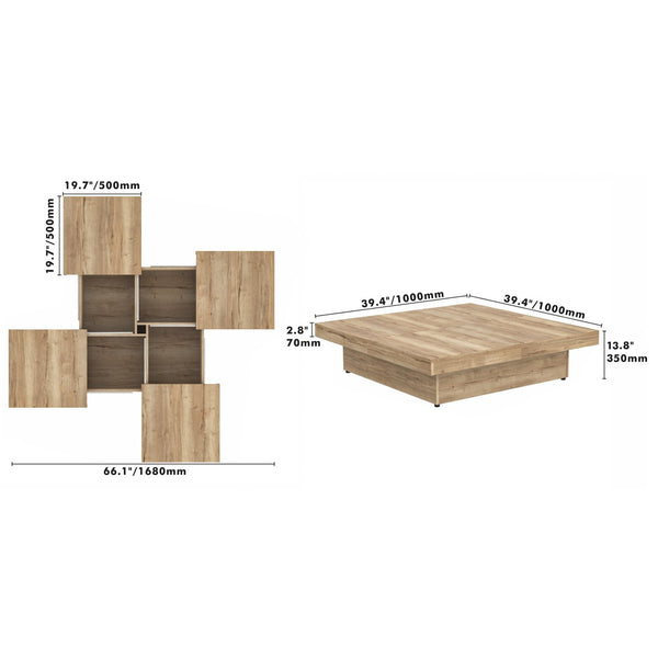 English Elm Square Marble Veneer Coffee Table with Sliding Top Hidden Storage Pedestal Base Natural N735P388120N