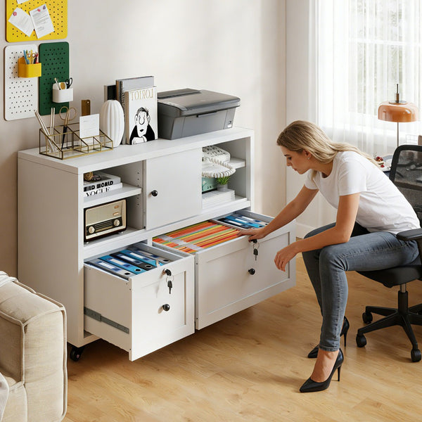 English Elm 28"h White Steel Rolling File Cabinet Locking Drawers Quiet Slides Home Office T2398P465996
