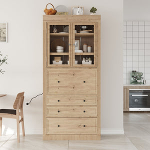 English Elm Topmax Shaker Pantry Cabinet with Drawers Power Outlet and Glass Doors SP000094AAA