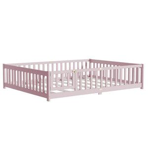 English Elm Queen Rubber Wood Floor Bed with Full Perimeter Safety Fence and Hinged Access Door Pink W504P429344