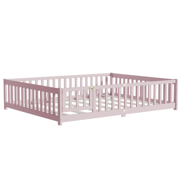 English Elm Queen Rubber Wood Floor Bed with Full Perimeter Safety Fence and Hinged Access Door Pink W504P429344