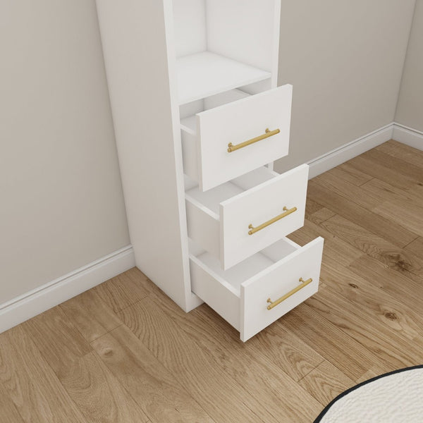 English Elm 15.75x85.04inch White Slim Tower Cabinet Four Shelves Three Drawers Bedroom Bath W5290P457931