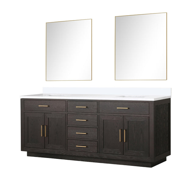 English Elm Brown Oak Double Bath Vanity Set With Cultured Marble Top & 2 Frameless Mirrors For Elegant Storage B2731S01545