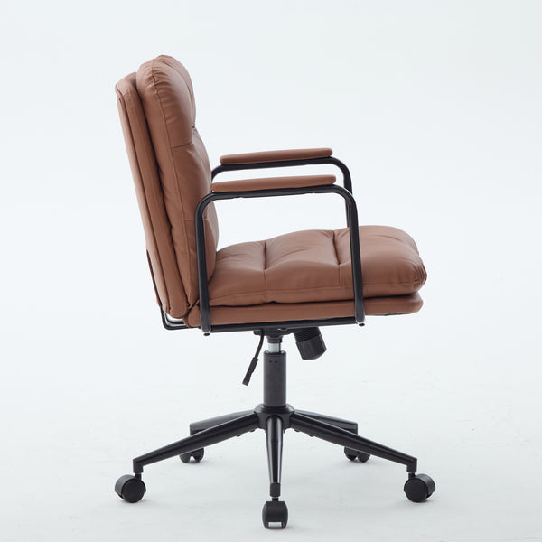 English Elm Office Ergonomic Mid-Back Chair with Double Sponge Cushions, Reclining 40° Base, Padded Arms and Wheels Brown W1143P373975