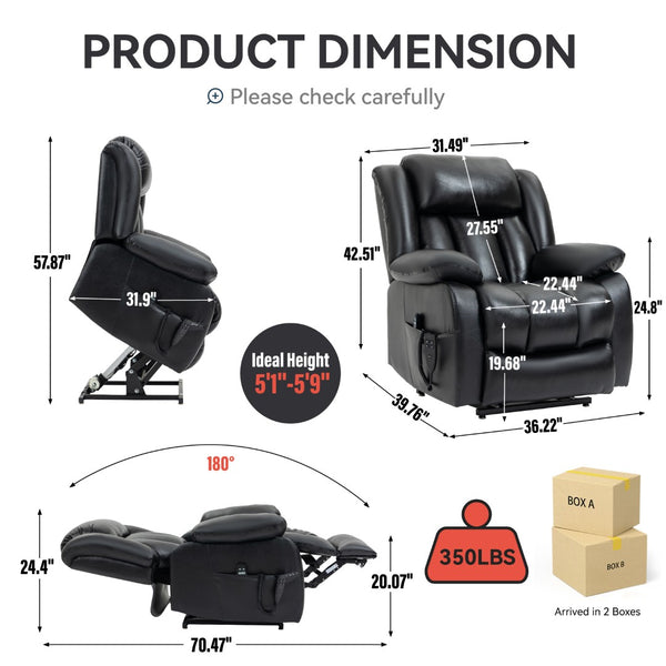 English Elm Dual Motor Power Lift Recliner with Massage Heat and 180 Degree Brown Lounge Chair W1803S00043