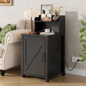 English Elm OKD Farmhouse Nightstand with Built-In Charging Station, Barn Door Accent, Adjustable Storage Shelf and Sturdy Frame Black W1550P311285