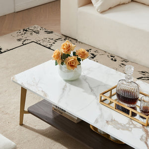 English Elm Coffee Rectangular Coffee Table with Golden Metal Frame & White MDF Shelf, Spacious Open Storage W1911P269599