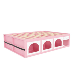 English Elm Queen Storage Platform Bed with Led Lighting Bookshelf Display Cabinet and Pull-out Drawer Pink+White N820S00078H
