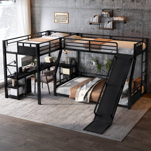 English Elm L-shaped Metal Triple Bunk Bed with Slide Desk and Storage for Shared Kids Rooms W1580S00568