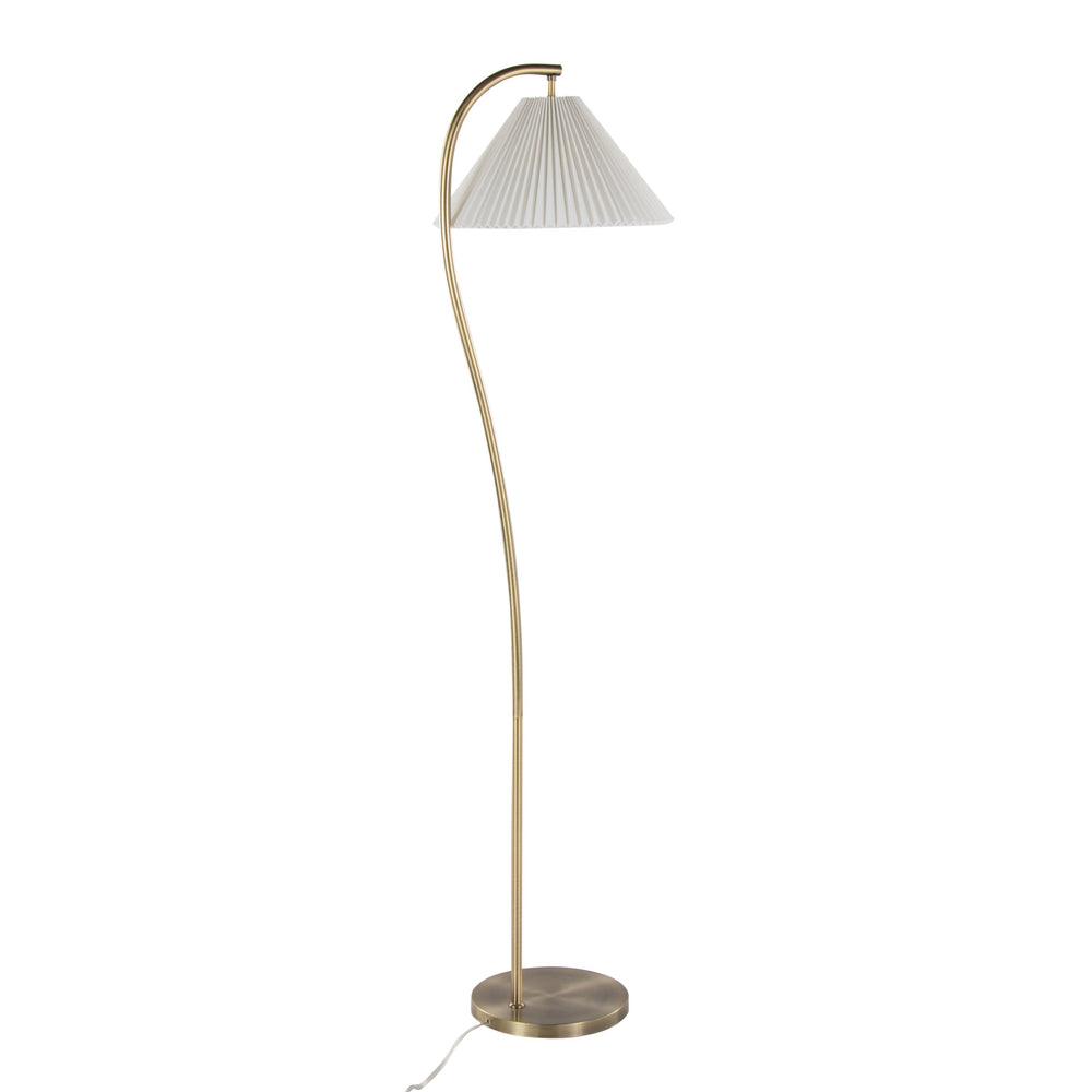 English Elm Cassis 65" Glam Art Deco Floor Lamp in Gold Metal with White Pleated Linen Shade, Curved Base Elegance B202S01365
