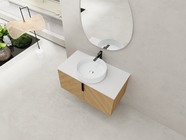 English Elm 36" Modern Wall-Mounted Bathroom Vanity With Ceramic Vessel Sink & Soft-Close Doors For Stylish Space W999S00448