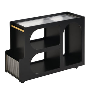 English Elm ON-TREND Mobile End Table with Locking Wheels, Fluted Tempered Glass Top, Gold Rod Accent, Sleek Storage Design Black N721P179241B