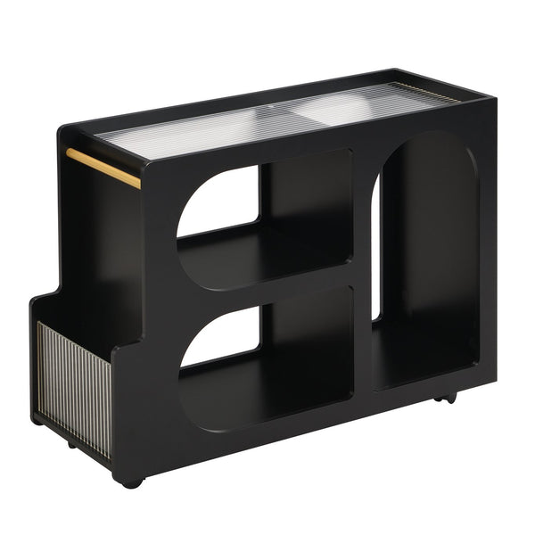 English Elm ON-TREND Mobile End Table with Locking Wheels, Fluted Tempered Glass Top, Gold Rod Accent, Sleek Storage Design Black N721P179241B