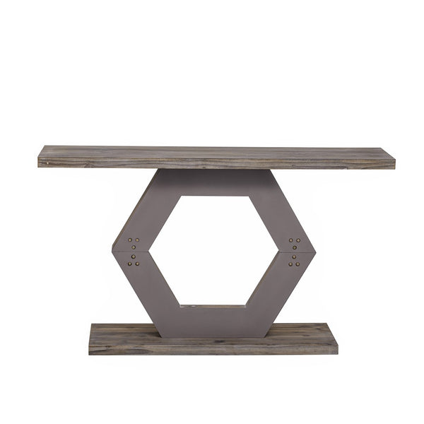 English Elm U_Style Modern Console Table With Hollow Hexagon Legs & Fir Veneer Finish For Entryway Elegance N711P241272A-GIGA