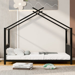English Elm Twin Metal House Platform Bed with Slat Kit for Kids Sleepovers Sturdy Frame Elegant Silhouette 63.8"H Black MF322835AAB