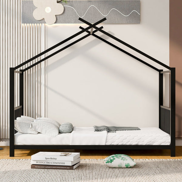 English Elm Twin Metal House Platform Bed with Slat Kit for Kids Sleepovers Sturdy Frame Elegant Silhouette 63.8"H Black MF322835AAB