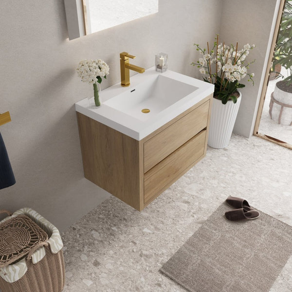 English Elm 30" Floating Bathroom Vanity with Stone Resin Sink Soft Close Drawers Ash Grey W1573P211183