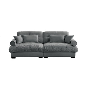 English Elm Large Velvet Two-Seater Sofa with Bolstered Armrests, Deep Cloud Seat, Waist & Throw Pillows, Chic Grey W714S01122