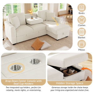 English Elm U_style Modular Sectional Sleeper Sofa with Storage Chaise and Cup Holders for Living Room Beige WY000467AAA