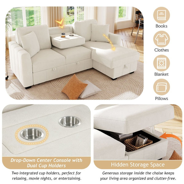 English Elm U_style Modular Sectional Sleeper Sofa with Storage Chaise and Cup Holders for Living Room Beige WY000467AAA