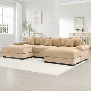 English Elm 130" Oversized Cloud Modular Sectional Couch In Plush Camel Corduroy, Ergonomic Design & Ottoman Included For Ultimate Comfort W714S01309
