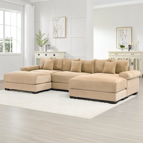 English Elm 130" Oversized Cloud Modular Sectional Couch In Plush Camel Corduroy, Ergonomic Design & Ottoman Included For Ultimate Comfort W714S01309