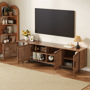 English Elm 78 Inch Walnut Media Console with Slatted Doors Solid Wood Legs and Cable Management N710P374706P