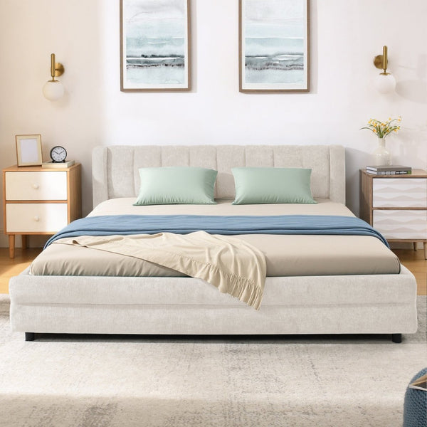English Elm Queen Chenille Upholstered Storage Bed Wingback Headboard Platform Frame Bedroom Beige W487S00417
