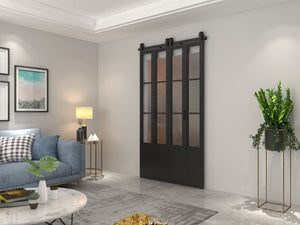 English Elm 30 in Matte Black Steel Sliding Barn Door Frosted Glass Privacy Panel with Hardware B2763P483213