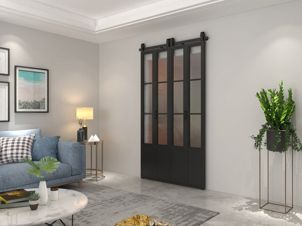 English Elm 30 in Matte Black Steel Sliding Barn Door Frosted Glass Privacy Panel with Hardware B2763P483213