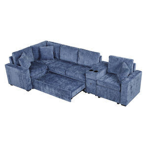 English Elm 120.5" L-shaped Convertible Sofa Bed Modular Sectional with Pull-Out Sleeper, Chenille, Storage, Cup Holders Blue N719S001940C