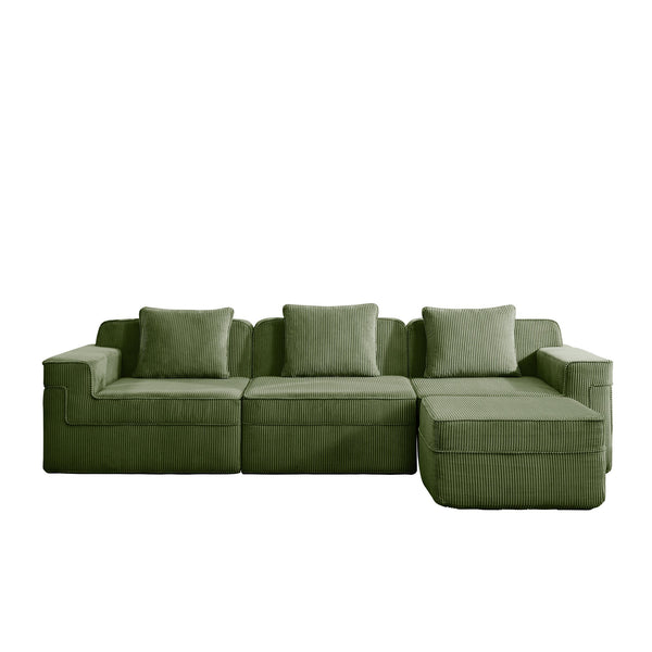 English Elm Modular 3-Seat L-Shape Sectional Sofa - Cloud-Like Comfort, Removable Pillows & Movable Ottoman, Green W3041S00332