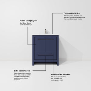 English Elm Navy Blue Single Bath Vanity With Cultured Marble Top, Gun Metal Faucet & 28 In. Mirror Set B2731S02049