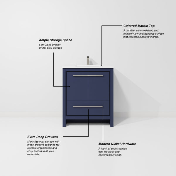 English Elm Navy Blue Single Bath Vanity With Cultured Marble Top, Gun Metal Faucet & 28 In. Mirror Set B2731S02049