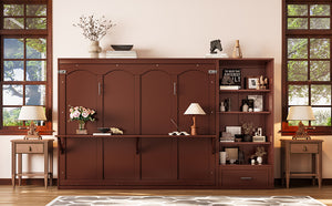 English Elm Queen Murphy Bed with Built-In Shelves, Height-Adjustable Storage & Drawer for Small Spaces Walnut 71.6 L x 21.5 W x 6.1 H N733S309223D