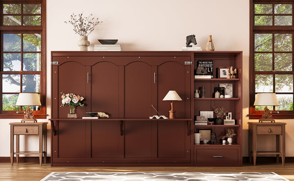English Elm Queen Murphy Wall Bed with Folding Platform Side Cabinet Drawer and Adjustable Shelves Walnut N733S407545D