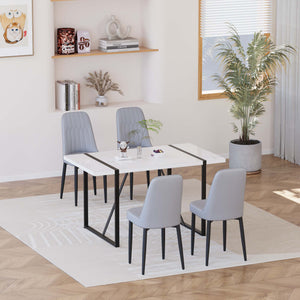 English Elm 55 Modern 4-Person MDF Dining Table Set with Sturdy Black Metal Legs and Padded PU Chairs for Families Grey+White W2189S00733