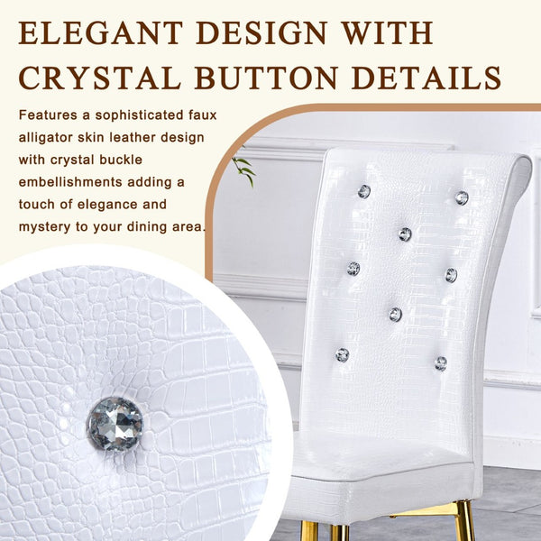 English Elm Set of 4 Glam Faux Leather Dining Chairs with Crystal Buckle and Gold Tone Legs White+Gold W3226P311059