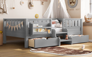 English Elm Twin Kids Storage Bed with Bookshelf Headboard Safety Staircase and Under Drawers Gray W1580P379185