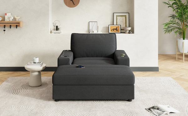 English Elm Christopher Knight Home® - 42.8" Oversized Chaise Lounge with Storage Ottoman, Corduroy Upholstery, USB Port & Cup Holders for Cozy Living Space Grey N765P350851G