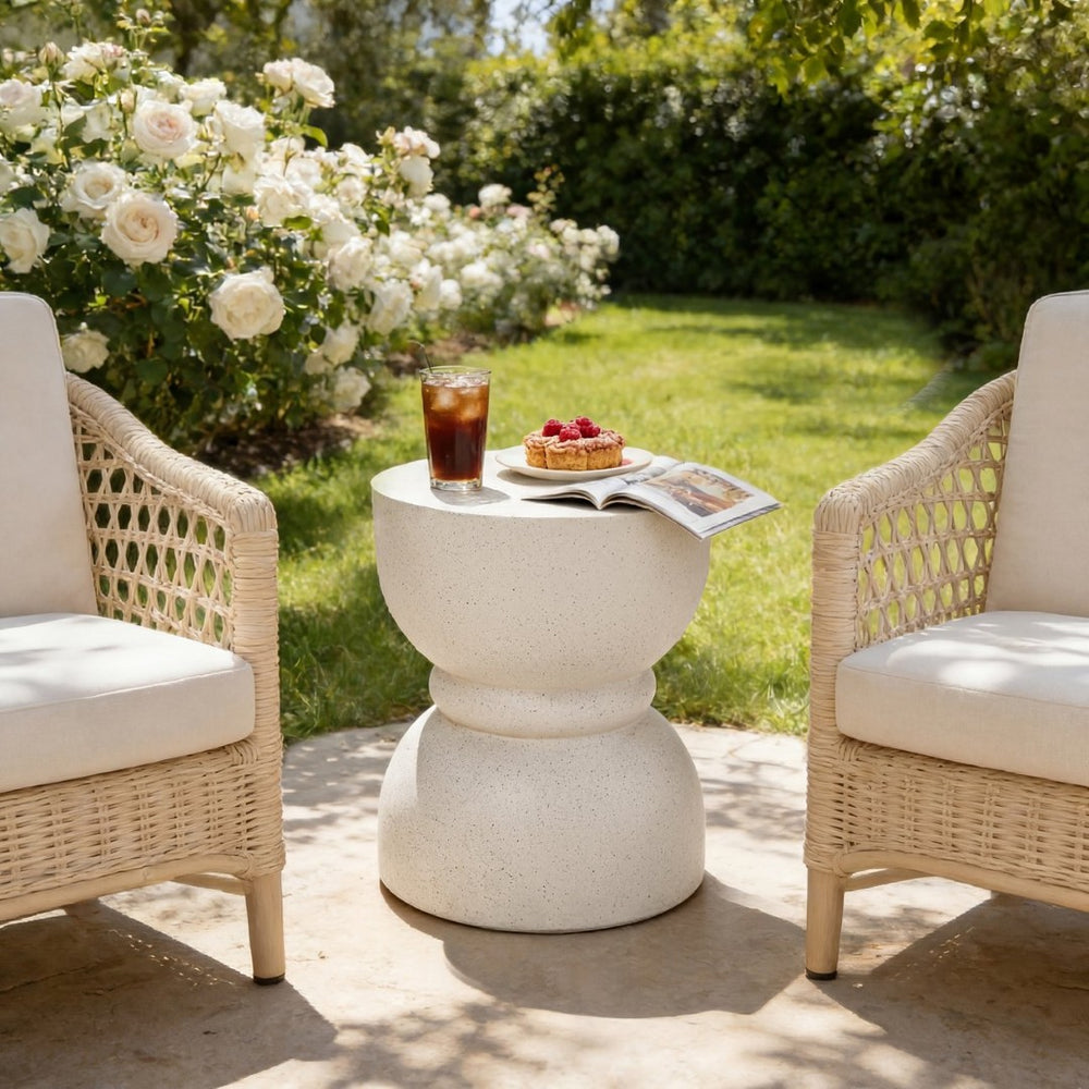 English Elm U_style Hourglass Mgo Concrete Outdoor Accent Table Sculptural Stone Texture Patio Decor Beige N711P422067K