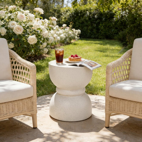 English Elm U_style Hourglass Mgo Concrete Outdoor Accent Table Sculptural Stone Texture Patio Decor Beige N711P422067K